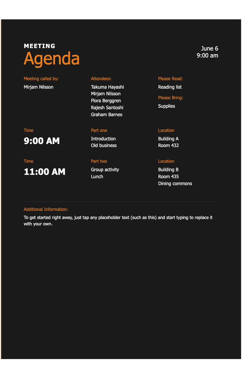 Meeting agenda - Modern dark-themed layout for organizing meeting details, schedules, and attendee info with a clean column structure.